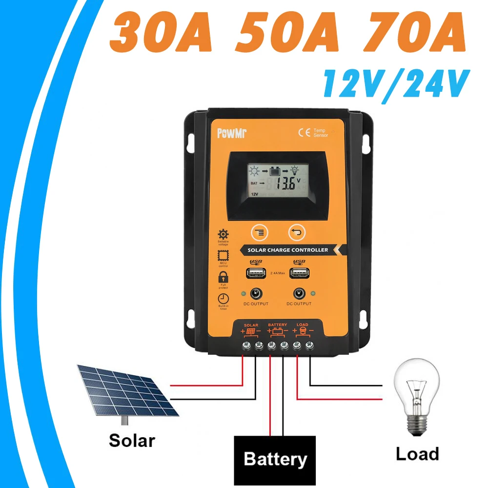 PowMr 70A 50A 30A контроллер солнечного зарядного устройства 12 В 24 автоматическая
