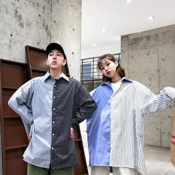 

Men Patchwork Long Sleeve Shirts 2020 Mens Streetwear Korean Fashion Shirt Couple Summer Hip Hop Harajuku Shirts