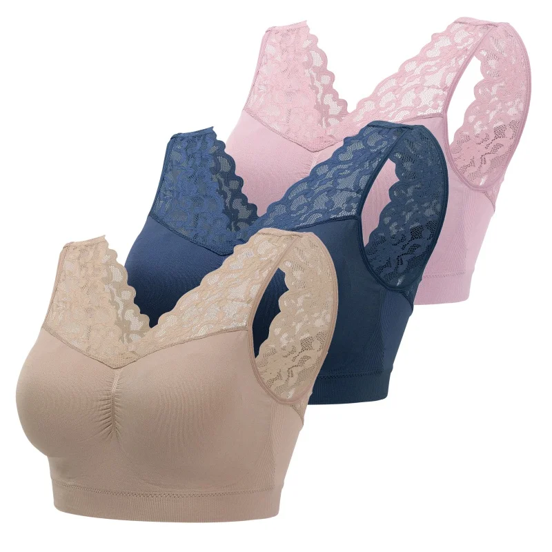 Plus Size Women Lace Bralette Padded Wireless Bra Floral Bras