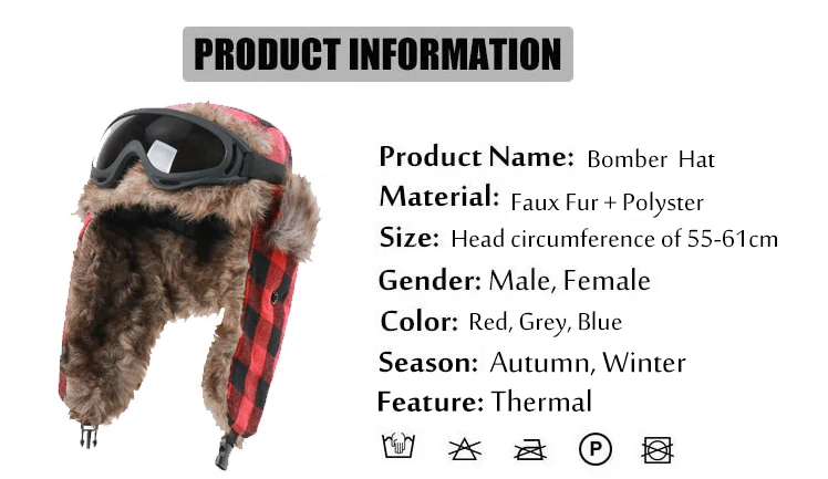 CAMOLAND Plaid Design Winter Bomber Hats Women Men Thermal Faux Berber Fleece Earflap Cap Russian Ushanka Hat With Goggles bomber trapper hat