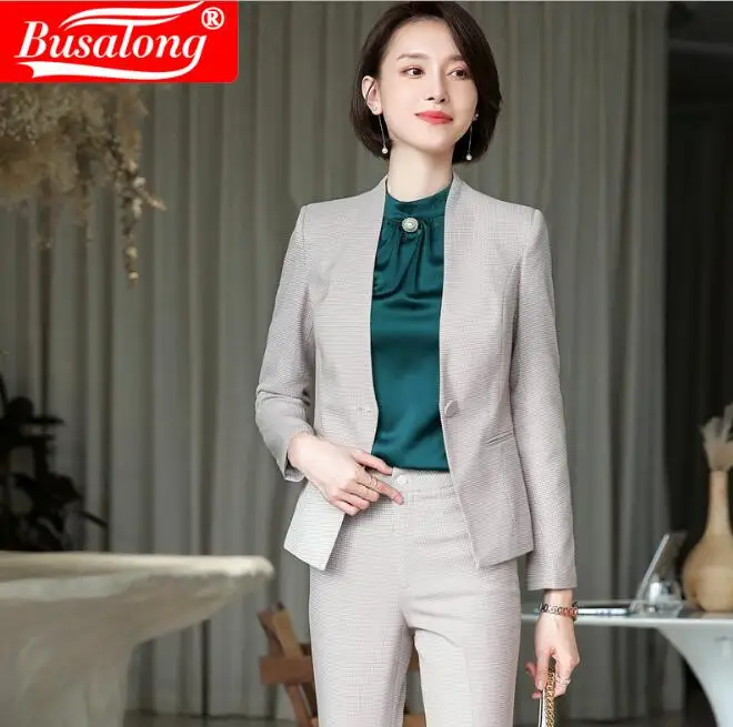 pant suit apricot Модные женские брючные костюмы, хлопковые куртки с длинным рукавом, одноцветные однобортные топы и брюки, женские деловые комплекты из двух предметов - Цвет: pant suit apricot