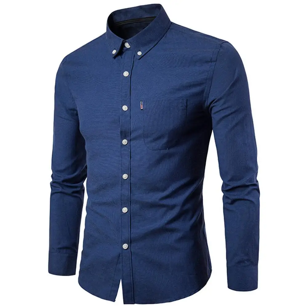 

New Men Solid Color Turn Down Collar Long Sleeve Shirt Slim Button Pocket Work Top