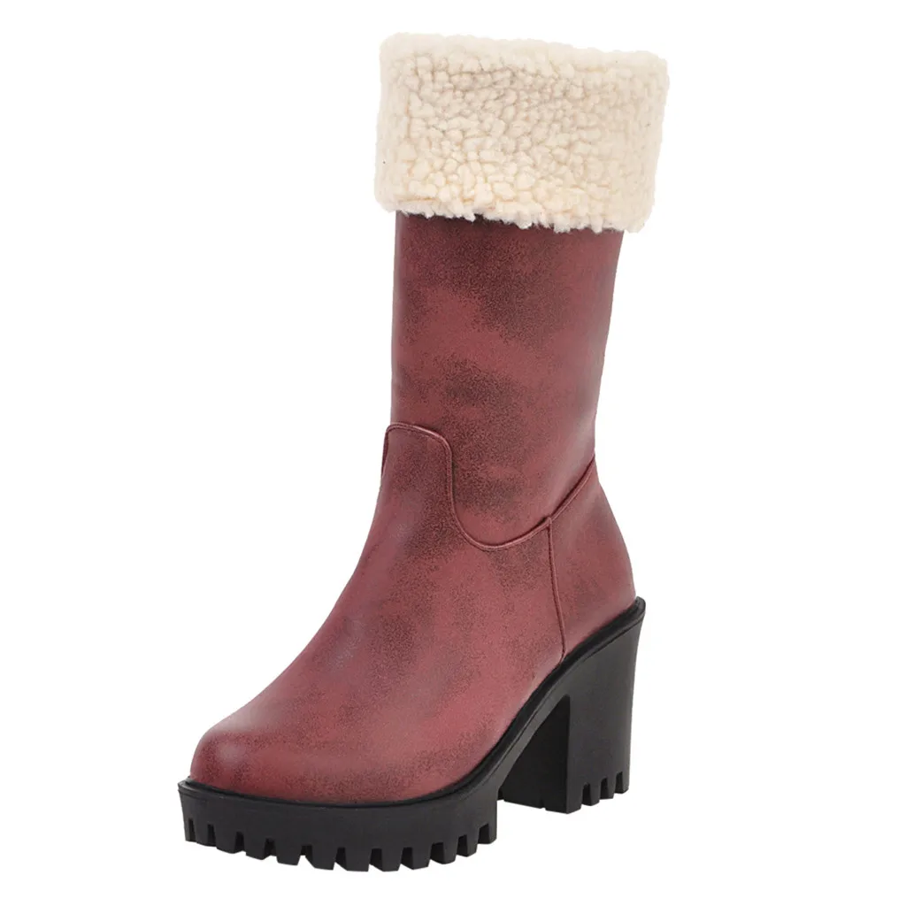 Бордовый Новинка года; сезон весна-зима; модные однотонные ботинки на квадратном каблуке с круглым носком на молнии; винтажная женская обувь; зимние ботинки; Теплая обувь;# O22 - Цвет: Бордовый