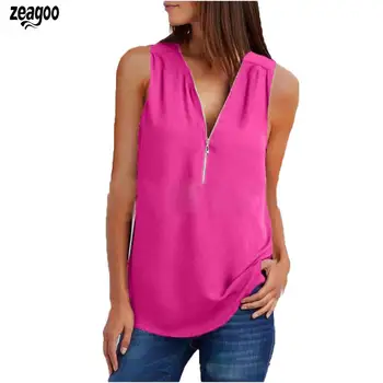 

Women Casual Chiffon Shirt Solid Color Sleeveless Loose Zipper Vest