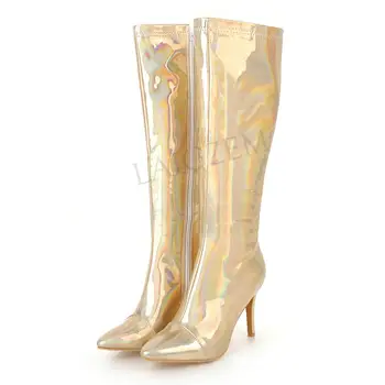 

LAIGZEM Side Zip Women Knee High Boots Color Reflection Stiletto Heels Boots Zapatos Shoes Woman Bottine Botas Size 39 42 43 48