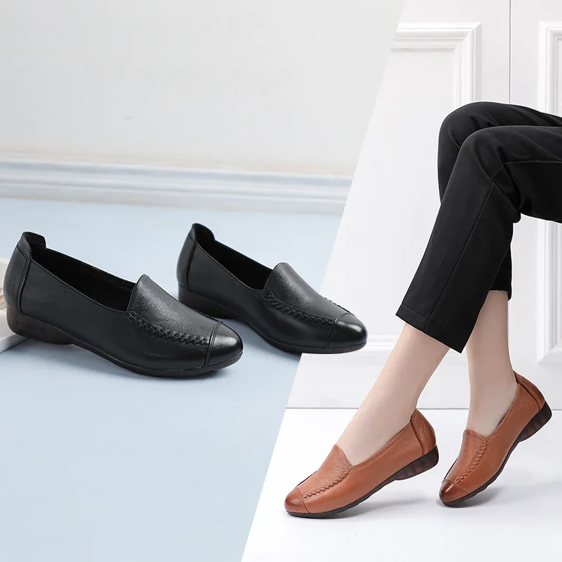 

53902 Leather Shoes 2019 New Style Simple Flat Heel Middle-aged Shoes Lace-up Mom Shoes Women's Low Heel Work Shoes