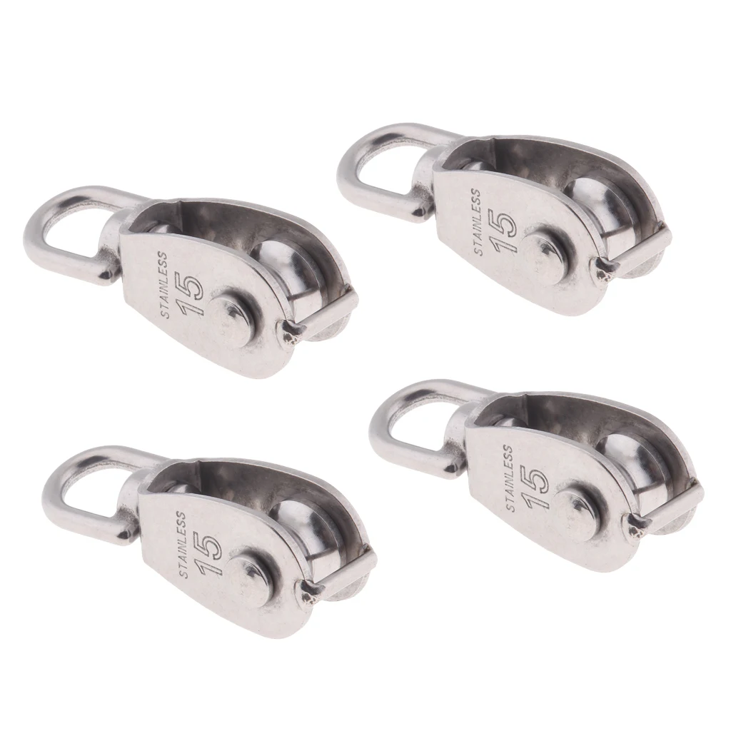 4Pcs 304 Stainless Steel Single Swivel Pulley Block with Swivel Eye M15