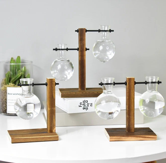 

HOT Table Desk Bulb Glass Hydroponic Vase Flower Plant Pot with Wooden Tray Office Decor NDS