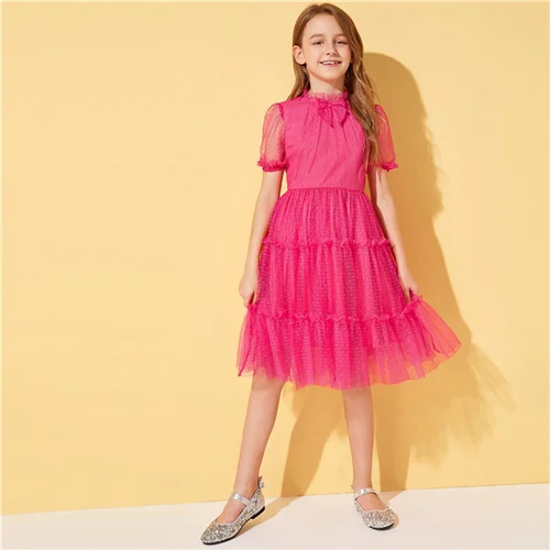 Pink SHEIN/милое платье для девочек с завязками на шее и рюшами, летнее платье с короткими рукавами и высокой талией, многослойное платье с оборками для детей - Цвет: Pink