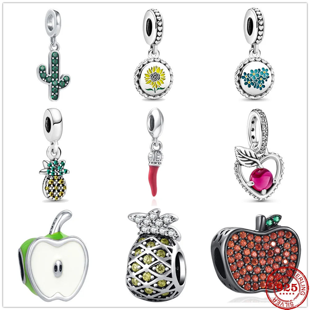 925 Sterling Silver Cactu Sunflower Pepper Apple Pineapple Dangle Charm bead Fit Original Pendant Bracelet DIY Jewelry For Wome