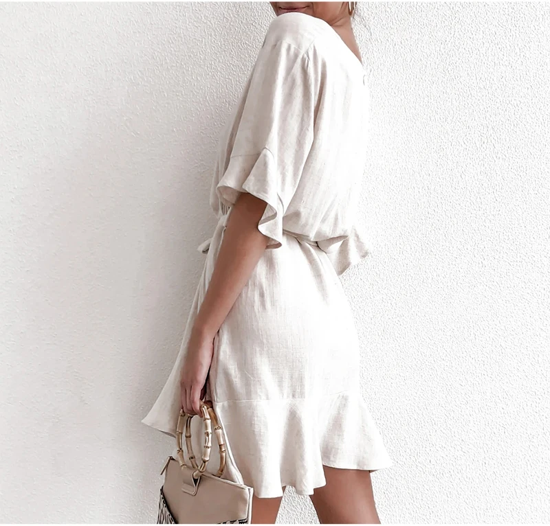 DICLOUD Casual Solid Cotton Linen Dresses Women Summer Short Sleeve V Neck Mini Party Dress Ladies A-line Summer Outfit