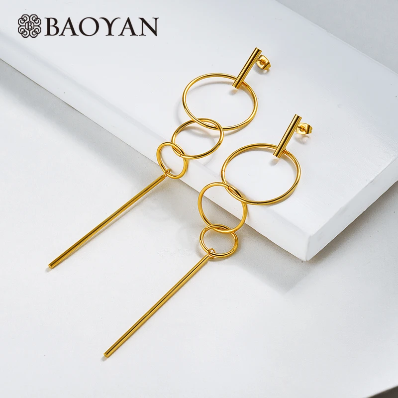 SSEGG143-15879 Baoyan модные золотые Висячие Подвесные серьги элегантные Геометрические круглые длинные серьги винтажные золотые серьги из нержавеющей стали для женщин - Окраска металла: SSEGG143-15879