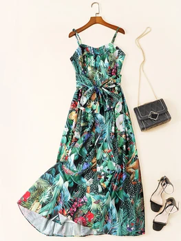 

2020 Sping summer runways floral print high-rise maxi dress high quality elegant slip dress B405
