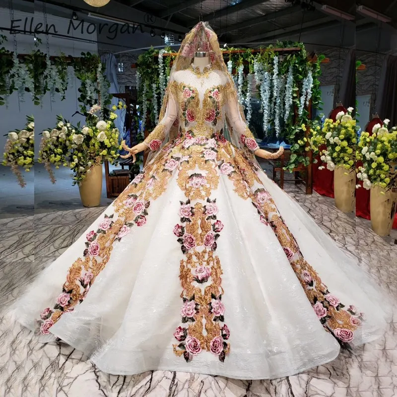 Arabic Vintage Colorful Wedding Dresses Puffy Lace High Neck Long Sleeves Applique Bridal Ball Gowns Vestido De Novia