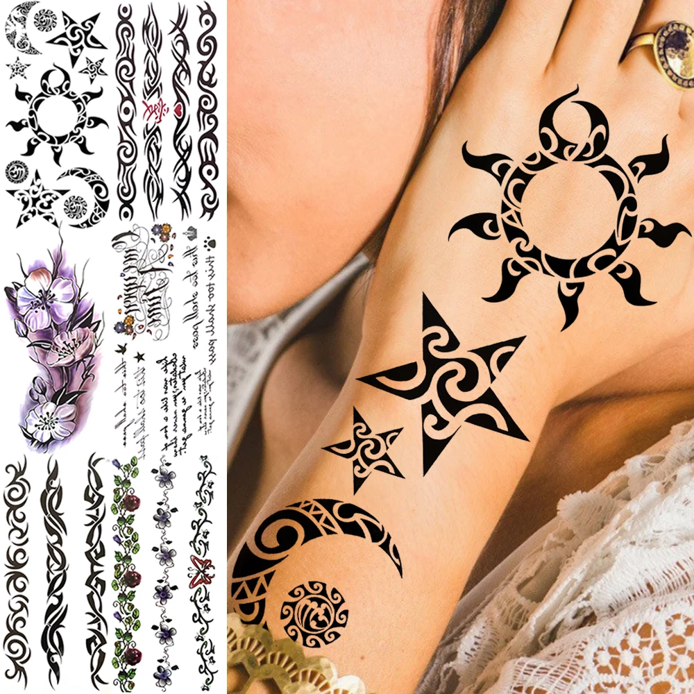 

Indian Tribal Sun Star Moon Temporary Tattoos For Women Girls Realistic Flower Totem Vine Fake Tattoo Sticker Unique Hand Tatoos