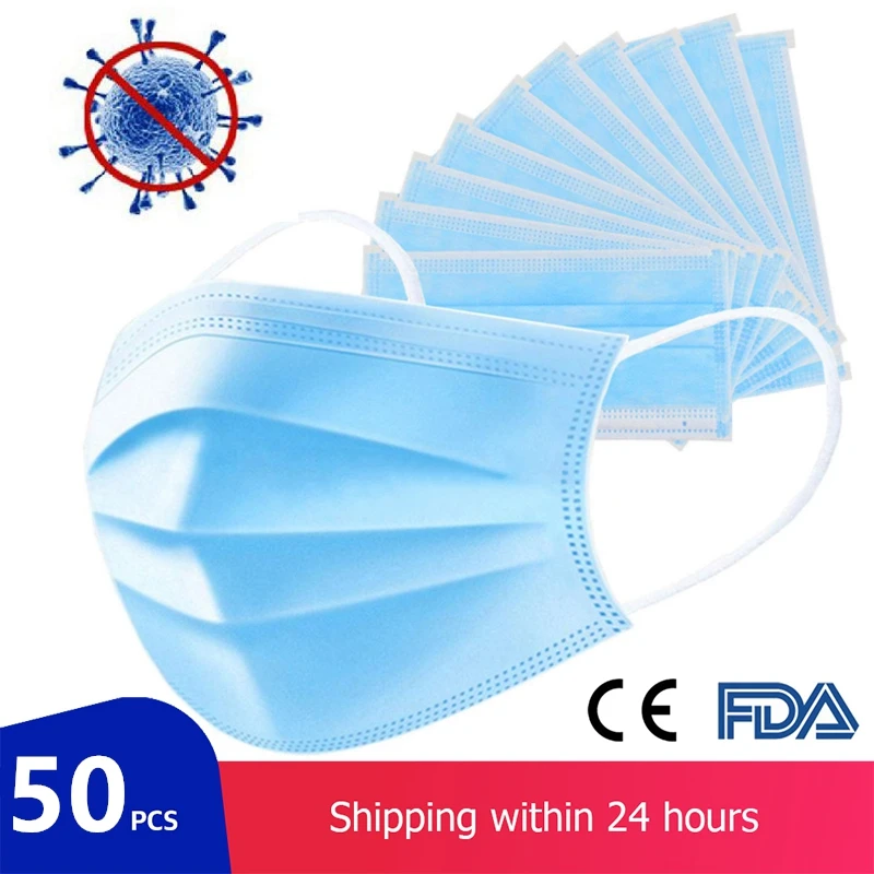

50Pcs/lot Disposable Face Masks 3 Layer Earloop Nonwove Ply Filter Protective Face Mouth Masks Anti-Dust Anti-Fog Safety Mask