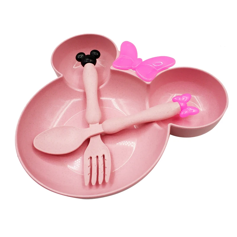 Pink Set Пшеничная соломенная чаша детская посуда с рисунком набор детский обеденный тарелка детская тренировочная чаша ложка Вилка для детей без коробки - Цвет: Pink Set