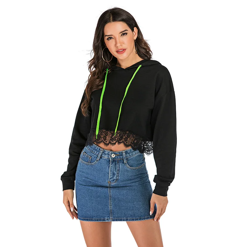 

2020 Women's Hooded Clothes Loose Lace Exposed Navel Female Short Section Long Sleeve Fashion Thin