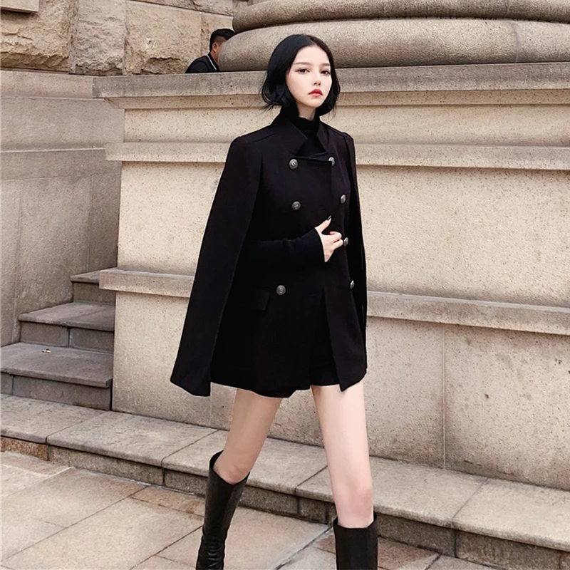 New winter coat female women solid turn down collar loose cape coat fashion elegant casual korean ladies woolen coat