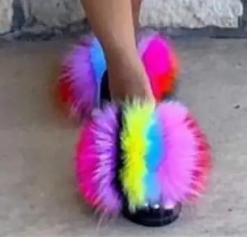 as pic shows COOLSA/женские нескользящие шлепанцы на плоской подошве с лисьим мехом; женские меховые шлепанцы; женские плюшевые меховые тапочки; Прямая поставка; обувь на меху; женская обувь; Лидер продаж - Цвет: as pic shows