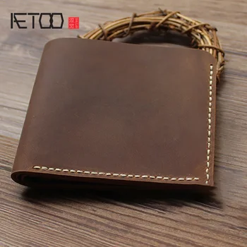 

AETOO Crazy horse leather handmade men's and women's short wallet, double-note leather small wallet, leather vintage wallet