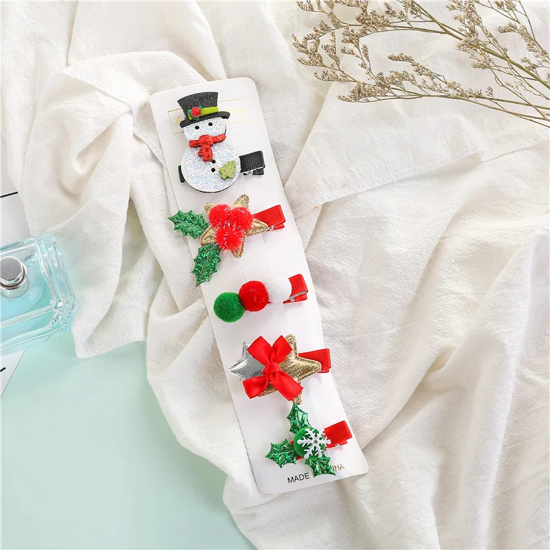 C 5pcs New Girls Christmas Hair Clips Lovely Santa Reindeer Bow Barrettes Headwear Kids Xmas Gifts Hair Accessories - Цвет: C