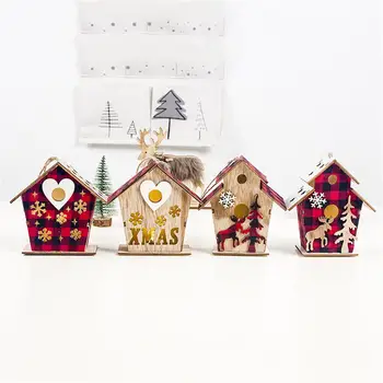 

Christmas Lighted Wooden Hanging Ornament Cabin Shape Hollow Design Table Hanging Decoration