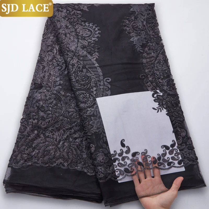 

SJD LACE African Mesh Lace Fabric 2022 Newet Design French Tulle Lace Fabric Sewing Heavy Beads Embroidery Wedding MaterialA2760