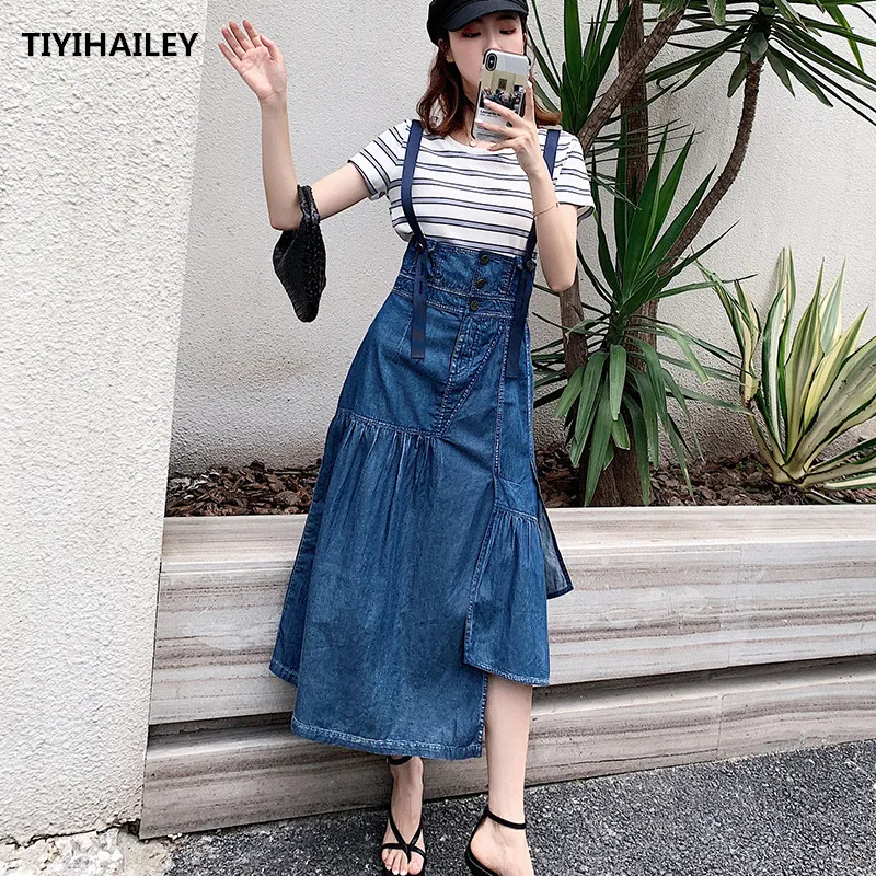 TIYIHAILEY Free Shipping Fashion Summer Denim All-match Vintage Jeans Long Maxi Strap Skirt For Women S-XL Irregural High Waist