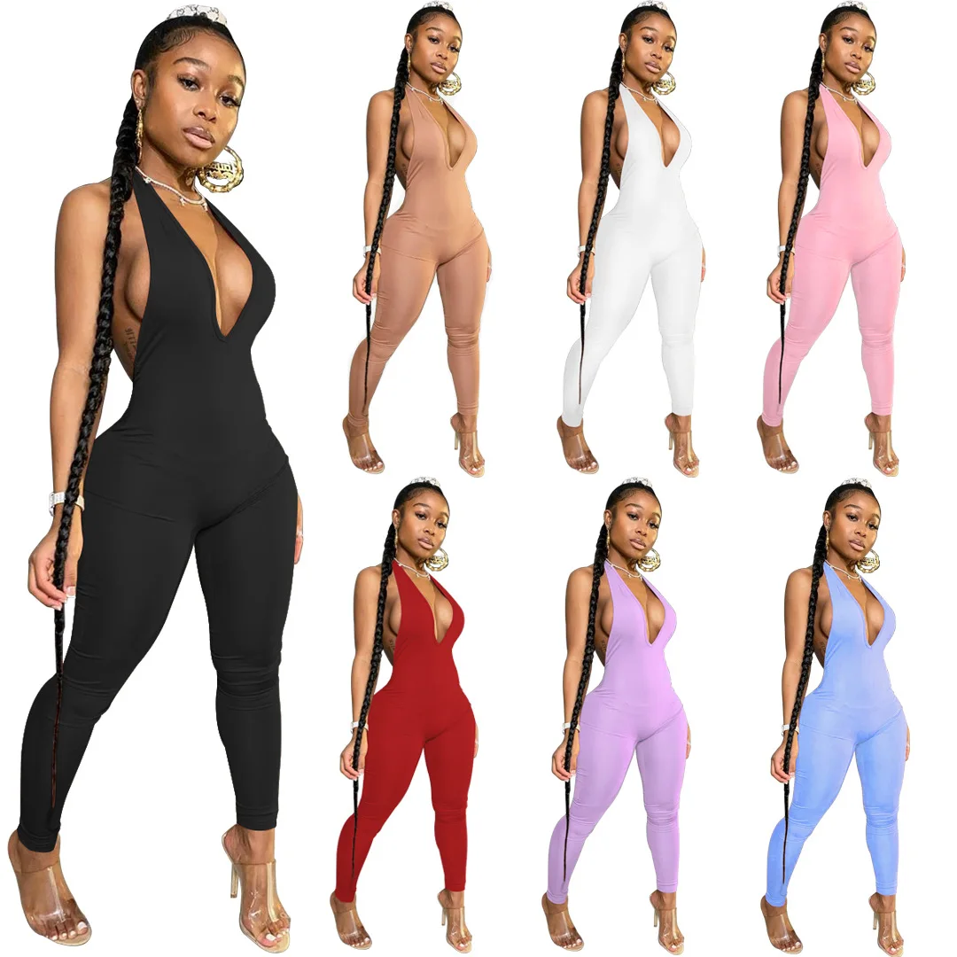 

Solid Color Deep V-Neck Backless Summer Women Jumpsuit European and American Sexy Style Model Rompers