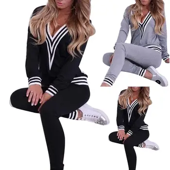 

2Pcs/Set Women Casual Stripe Hem V Neck Sweatshirt Pants Cotton Sports Tracksuit Women Tracksuits Long Sleeves Crop Sweatshirt