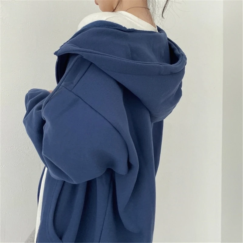 Women Oversized Hoodies Autumn Casual Solid Zipper Sweatshirts Korean Version Loose Thin Long-sleeved Hooded Female Jacket Coat