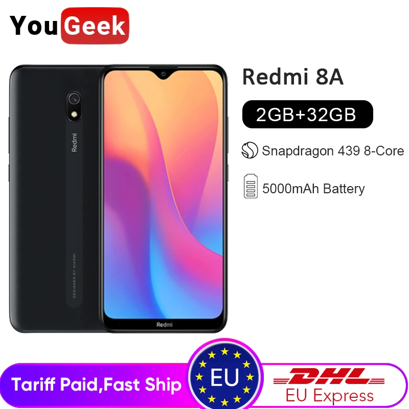 Xiaomi Redmi 8A 8 A, глобальная версия, 32 Гб ПЗУ, 2 Гб ОЗУ, мобильный телефон Snapdragon 439, четыре ядра, 6,22 дюйма, полный экран, 5000 мАч, камера 12 МП