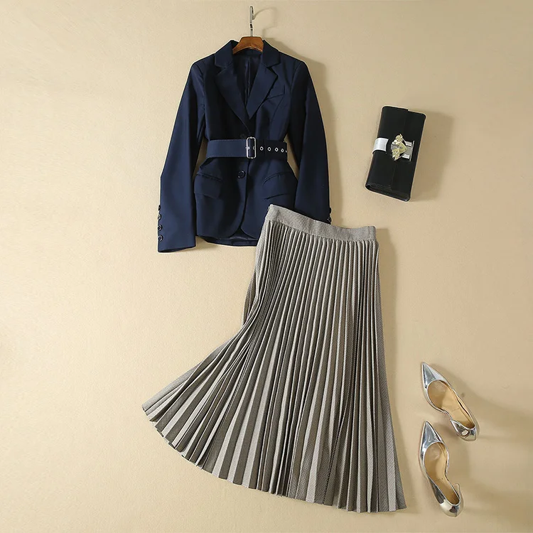 Высокое качество дизайнер Подиум костюм набор женский шнуровка блейзер с поясом комплект с плиссированной юбкой