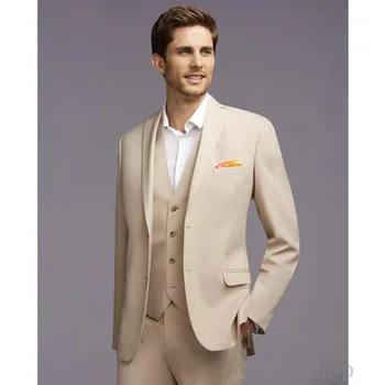 

Simple Casual Beige Slim Men Wedding Tuxedos Notched Lapel Business Prom Party Suits Tailor Made Spring (Jacket+Pants+Vest)