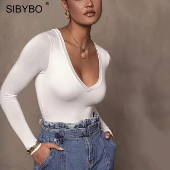 

Sibybo Cotton V Neck Sexy Bodysuit Women White Long Sleeve Bodycon Rompers Womens Jumpsuit Basic Elastic Casual Body Tops 2020