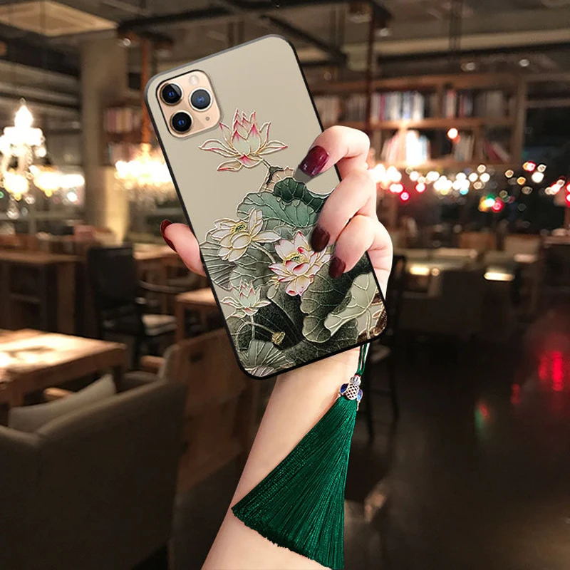 Чехол с тиснением для iPhone 11 Pro Max XS Max XR 8 7 6 6S Plus, мягкий силиконовый чехол с кисточкой с узорами