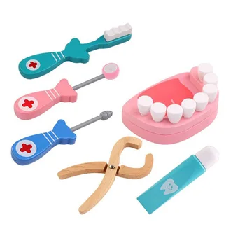 

Logwood Wooden Toys Funny Play Real Life Cosplay Doctor Game Toy Dental-s Pretend Doctor Accessories Tools 6PCS Set for Child
