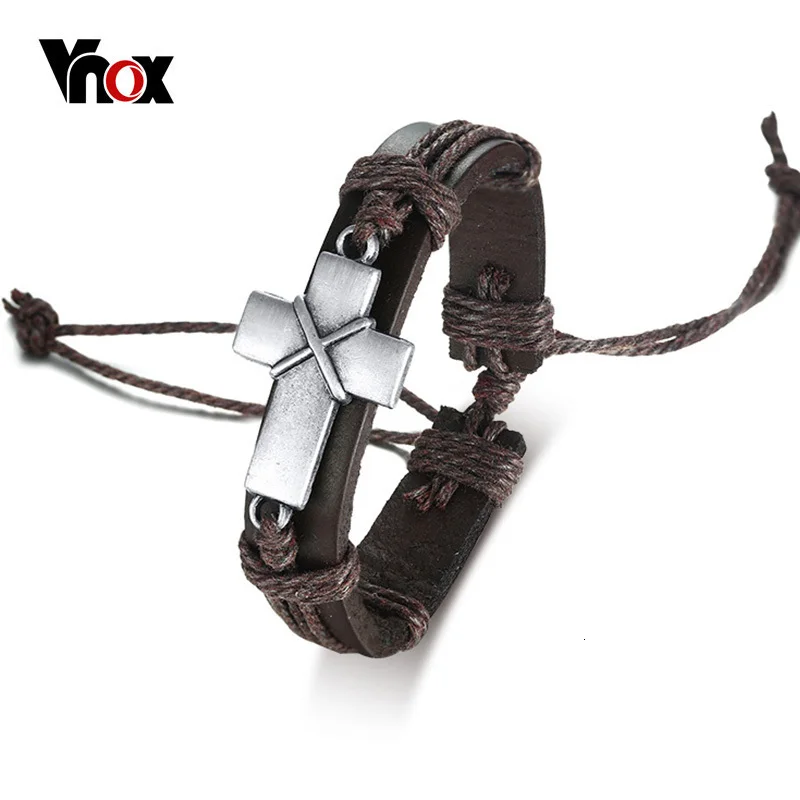 Vnox, Ретро стиль, мужской кожаный браслет, звено веревки, Ретро стиль, Христианский Религиозный молитвенный браслет, браслеты, регулируемый размер