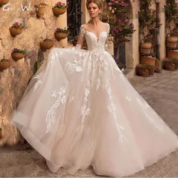 Charming Scoop Appliques Wedding Dresses A-Line Sweep Train Long Sleeves Bride Dresses Backless Bridal Gown Vestidos De Novia