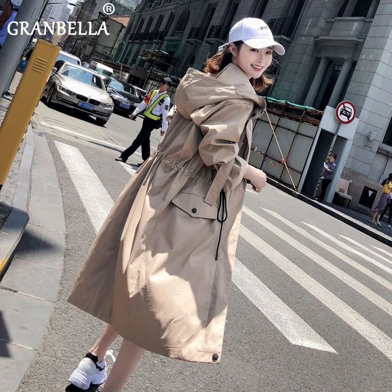 Fashion Long Sleeve Hooded Trench Coat 2020 Autumn Zipper Plus Size Maxi Women Solid Color Drawstring Windbreaker | Женская одежда