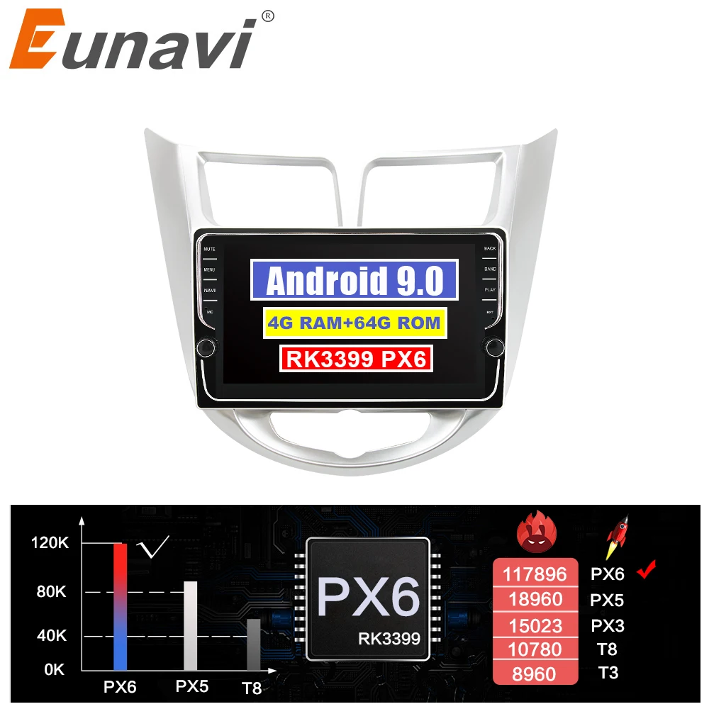 Eunavi 4G 64G ips android 9,0 автомобильный dvd для hyundai Solaris Verna Accent 2010- мультимедийный автомобильный Радио gps навигация TDA7851