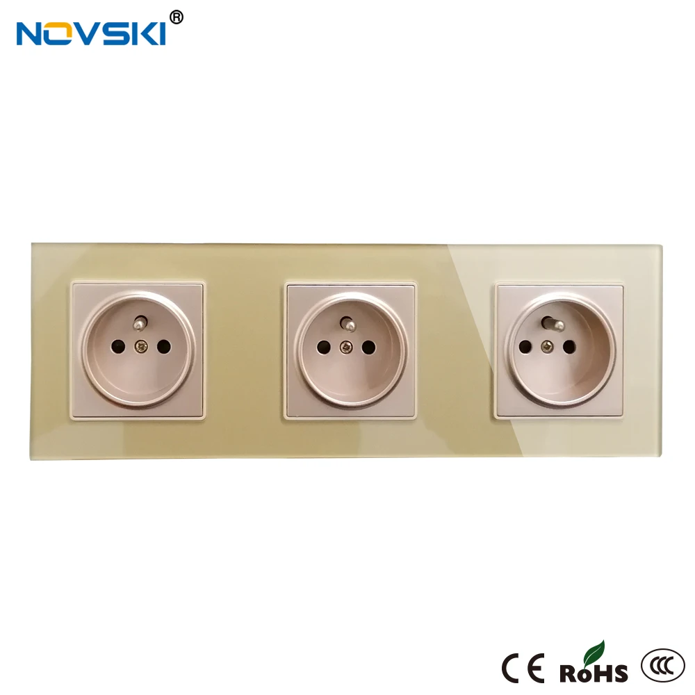 16A EU Standard French Outlet Crystal Glass Panel Electrical Socket Plug Grounded, Quadruple Power Socket, 15 Years Warranty