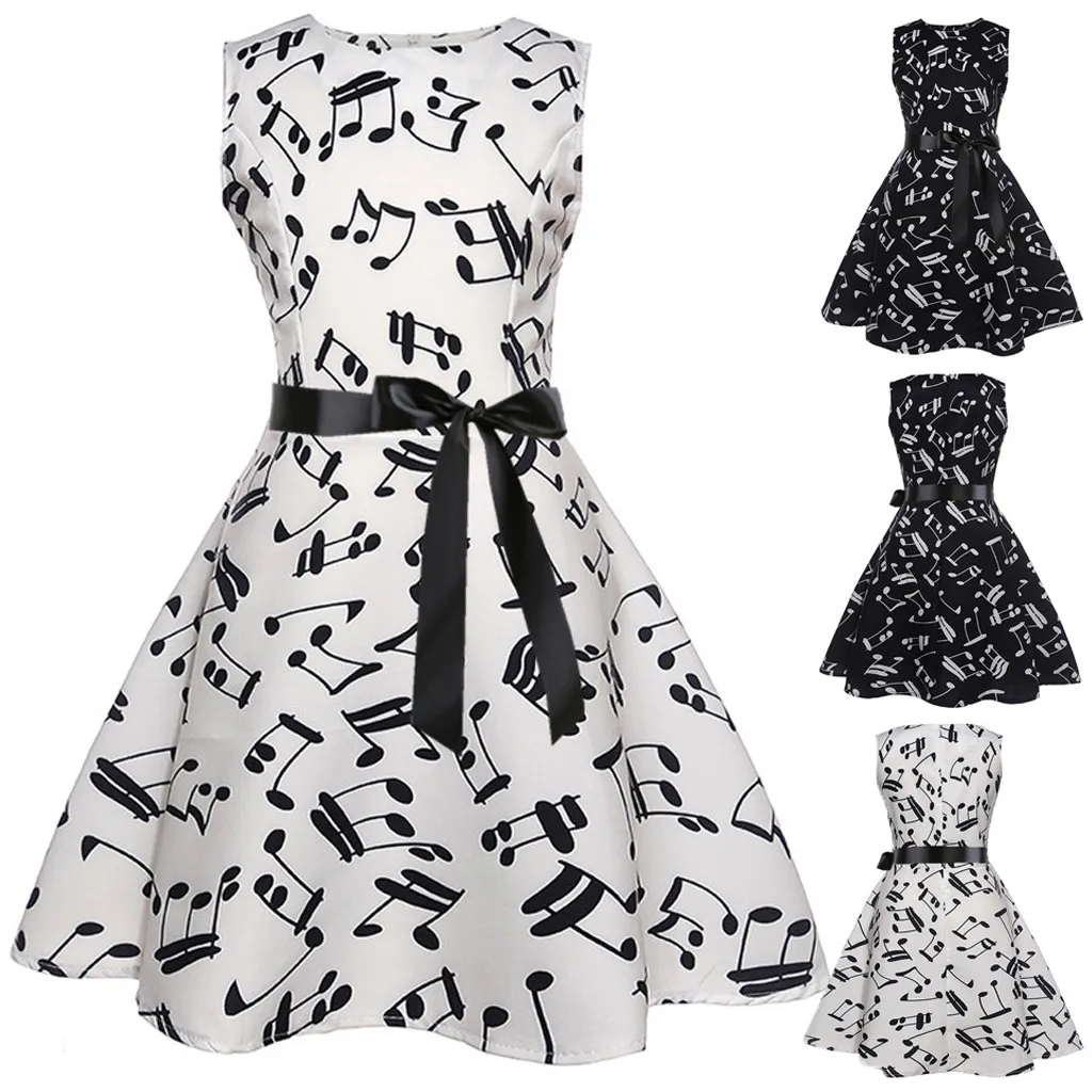 

Girls Sleeveless Vintage Note Printed Princess Gown Prom Swing Dress +1pc belt For Girl Costume Children Wedding Party Dress