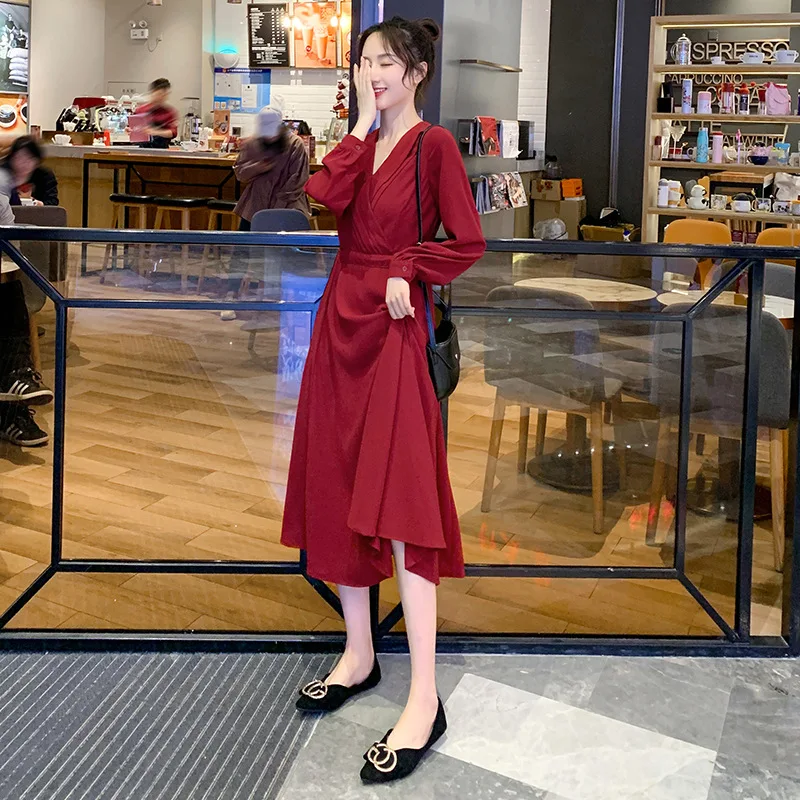 

Lactation Garment Dress 2020 Spring Chiffon Maxi Dress Red V-neck Long-sleeve Dress Waist Hugging Slimming Nursing Clothes