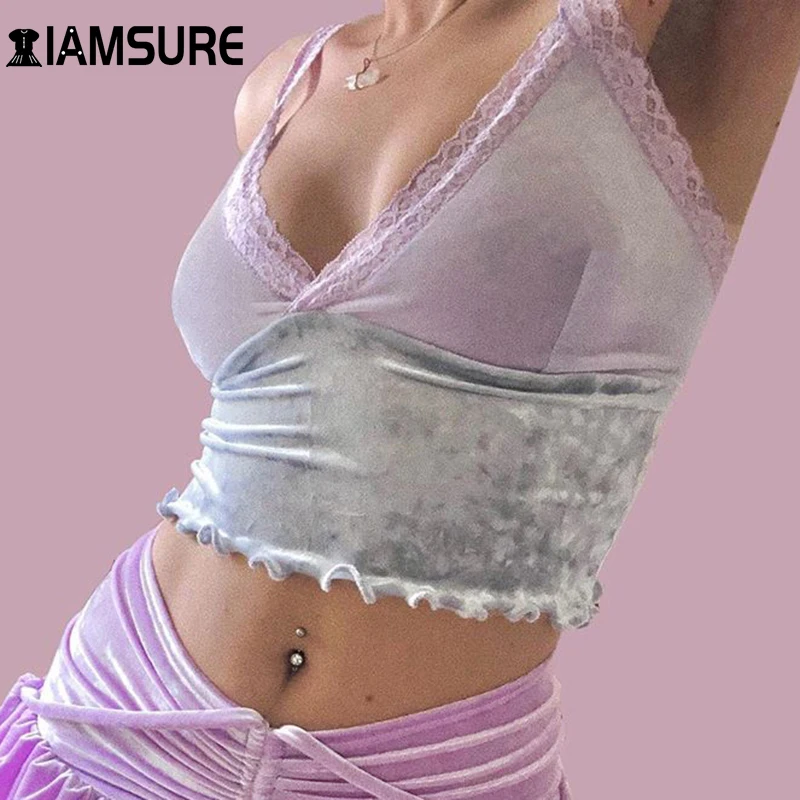 

IAMSURE Purple Pactwork Lace Trim Spaghetti Straps Bustier For Women Skinny Slim Deep V Neck Crop Tops Hiliday Party Clubwear