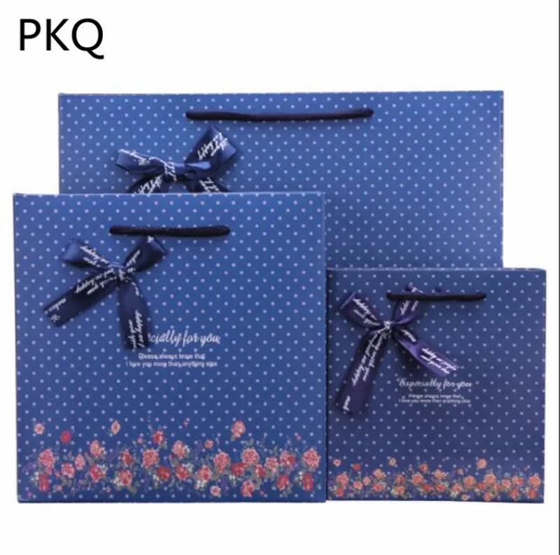 

10pcs Kraft paper gift bag for wedding party paper bag for jewelry clothes blue gift bags with handle bowknot Small shopping bag