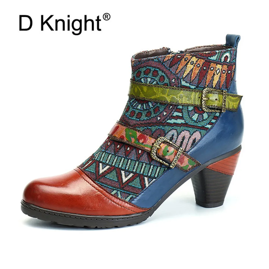 

Court Retro Style Ankle Boots For Women Fashion Handmade Genuine Leather Comfortable Women's Boots National Lady High Heel Shoes