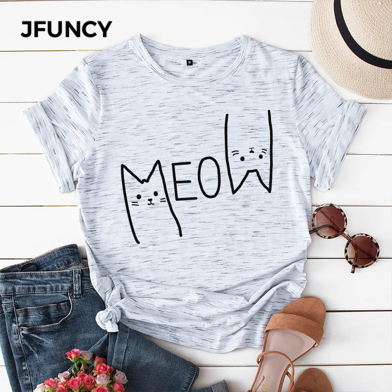 JFUNCY Summer Women Tee Shirt 100% Cotton Casual Short Sleeve Tshirt Cute Meow Cat Print Woman T-shirt S-5XL Female Tops | Женская