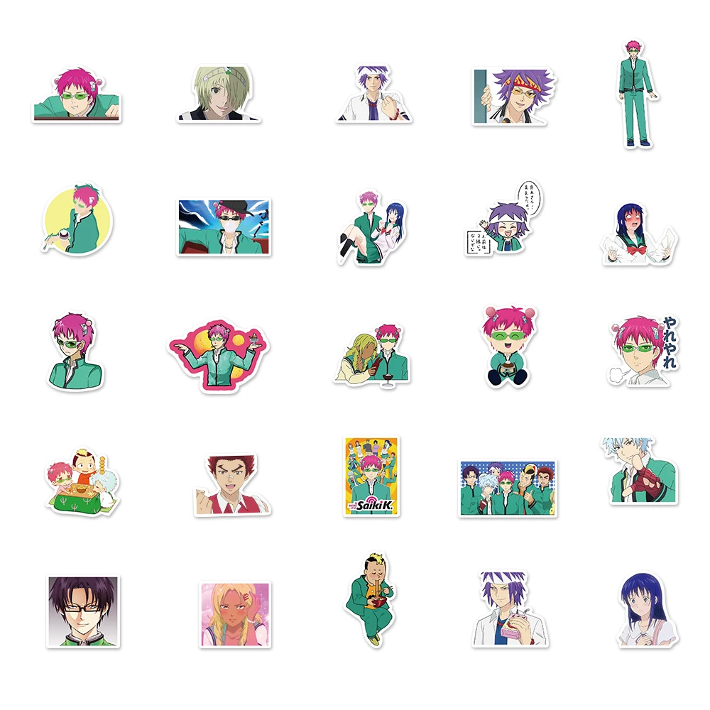 50Pcs Anime Saiki K 2 스티커 데칼의 비참한 삶 Saiki Kusuo 스티커 노트북 스케이트 보드 오토바이 키즈 완구